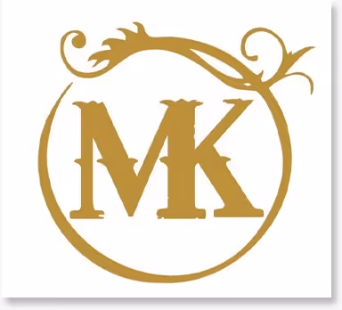 Gold stylized MK letters inside a decorative circular frame on white background.