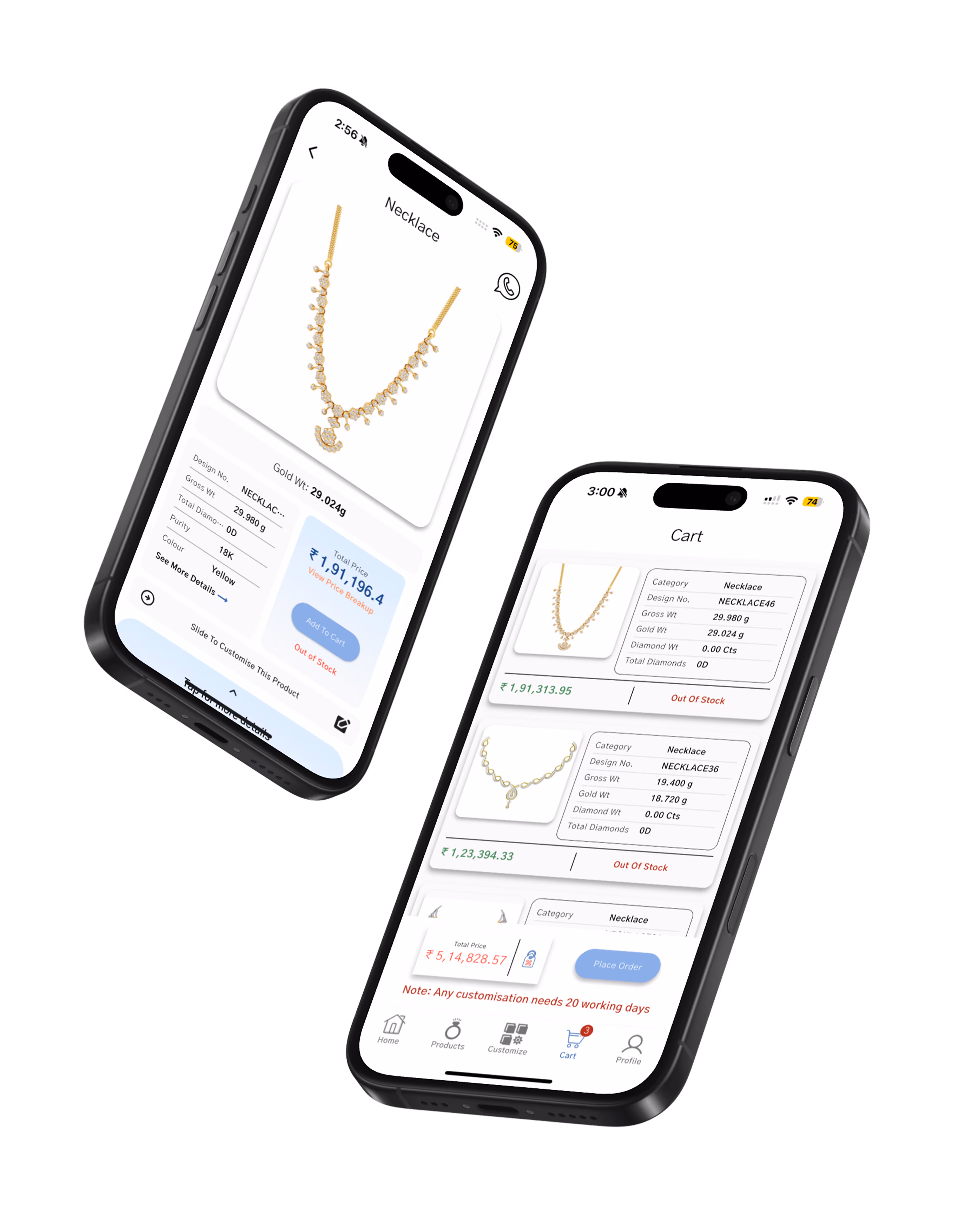 Two black smartphones showing a jewelry shopping app with gold necklaces, detailed product specs, prices, and cart items marked out of stock.