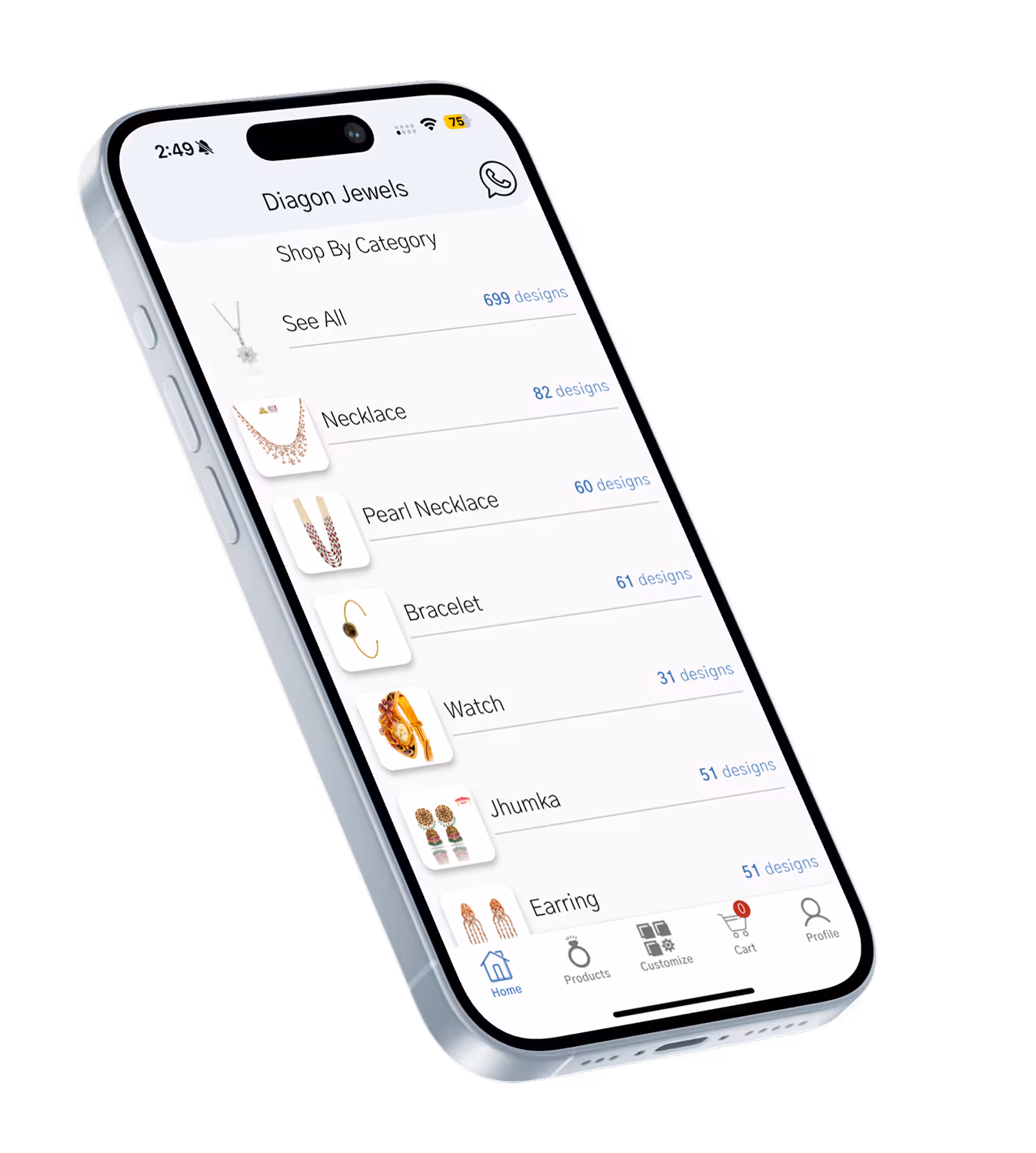Smartphone screen showing a jewelry shopping app named Diagon Jewels with categories like Necklace, Pearl Necklace, Bracelet, Watch, Jhumka, and Earring along with design counts.