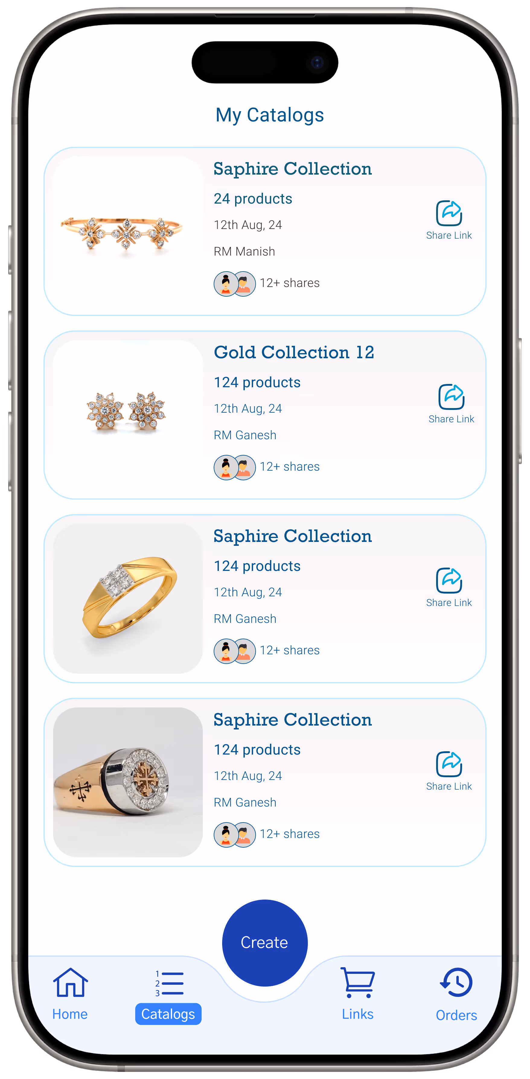 Mobile app screen showing 'My Catalogs' with collections of jewelry including bracelets, earrings, and rings, each with product counts, dates, creators, and share links.