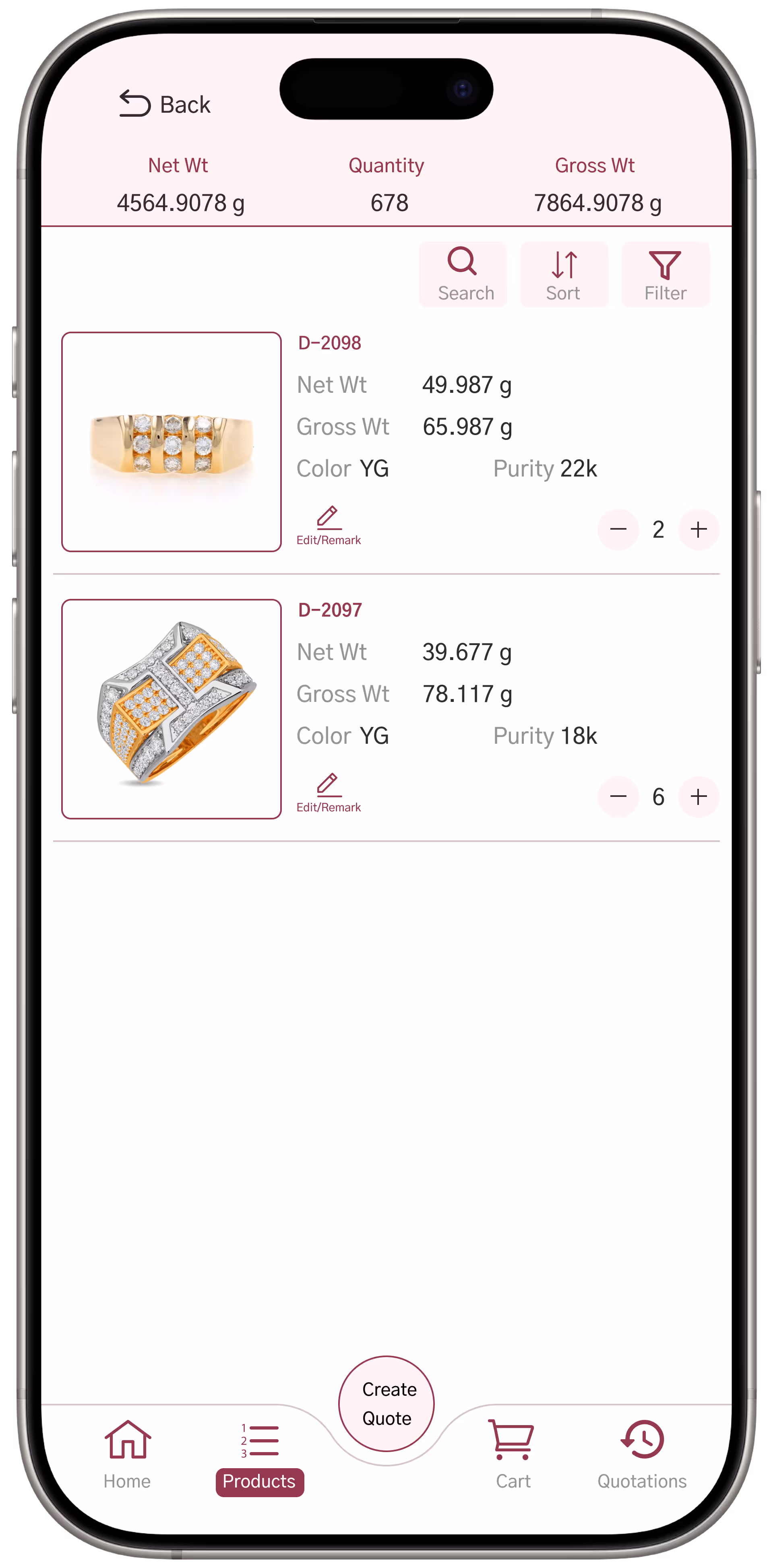 Mobile app screen displaying gold ring products with weights, colors, purities, quantities, and options to search, sort, filter, and create a quote.