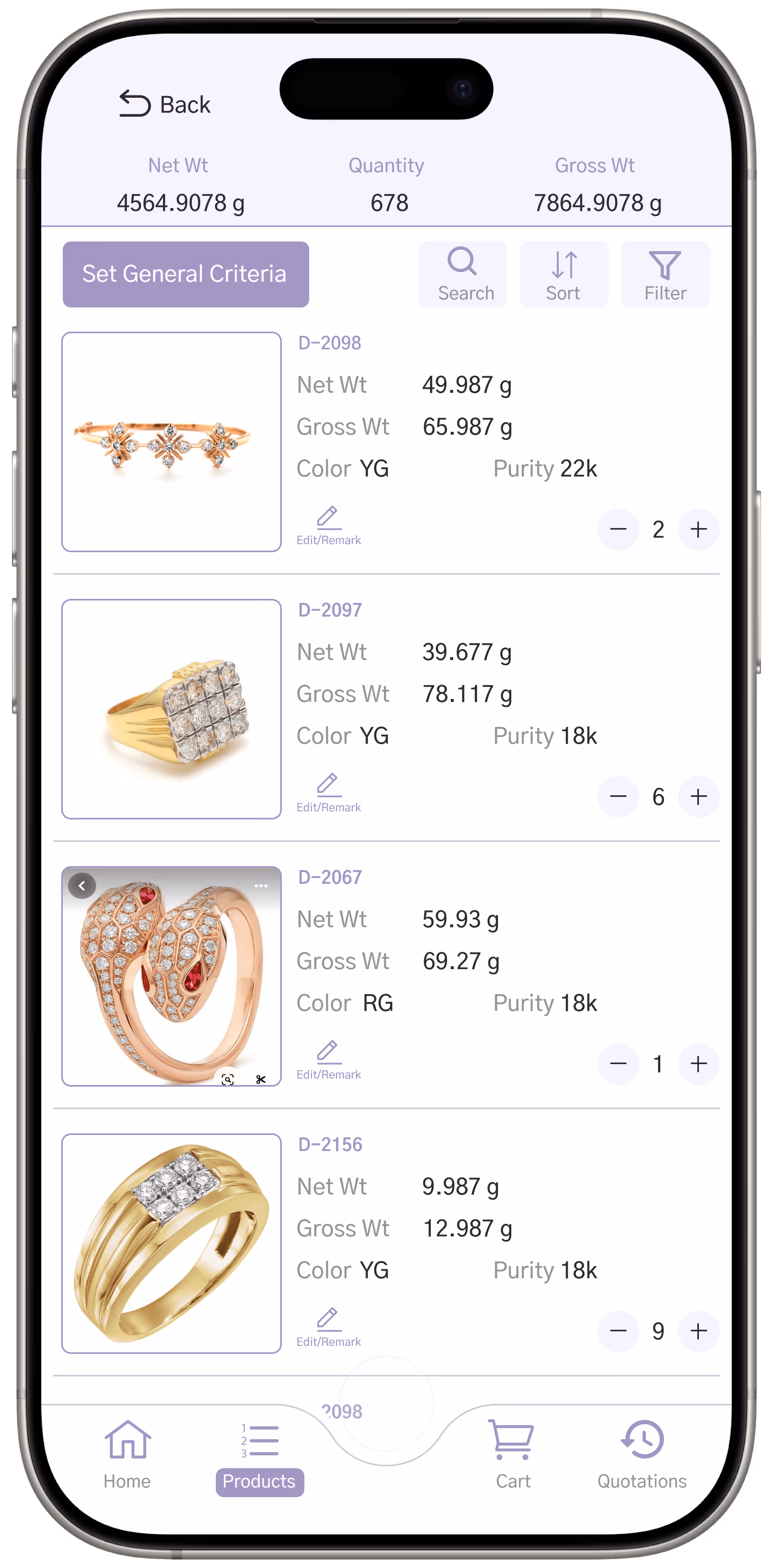 Mobile app screen displaying jewelry product list with images, weights, color, purity, quantity selector, and navigation bar.