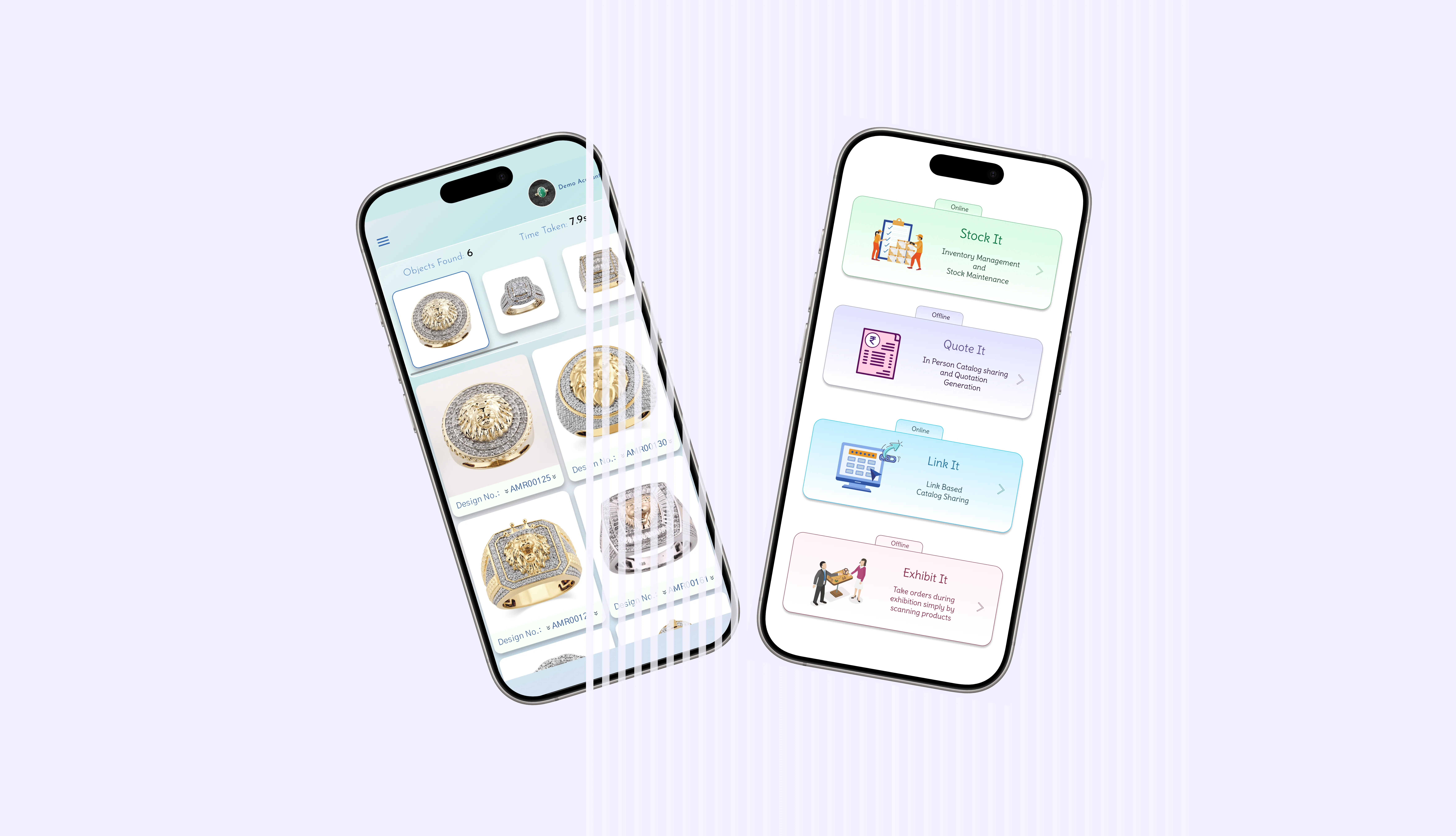 Two smartphones displaying an inventory app with jewelry designs on the left screen and four feature options on the right screen.