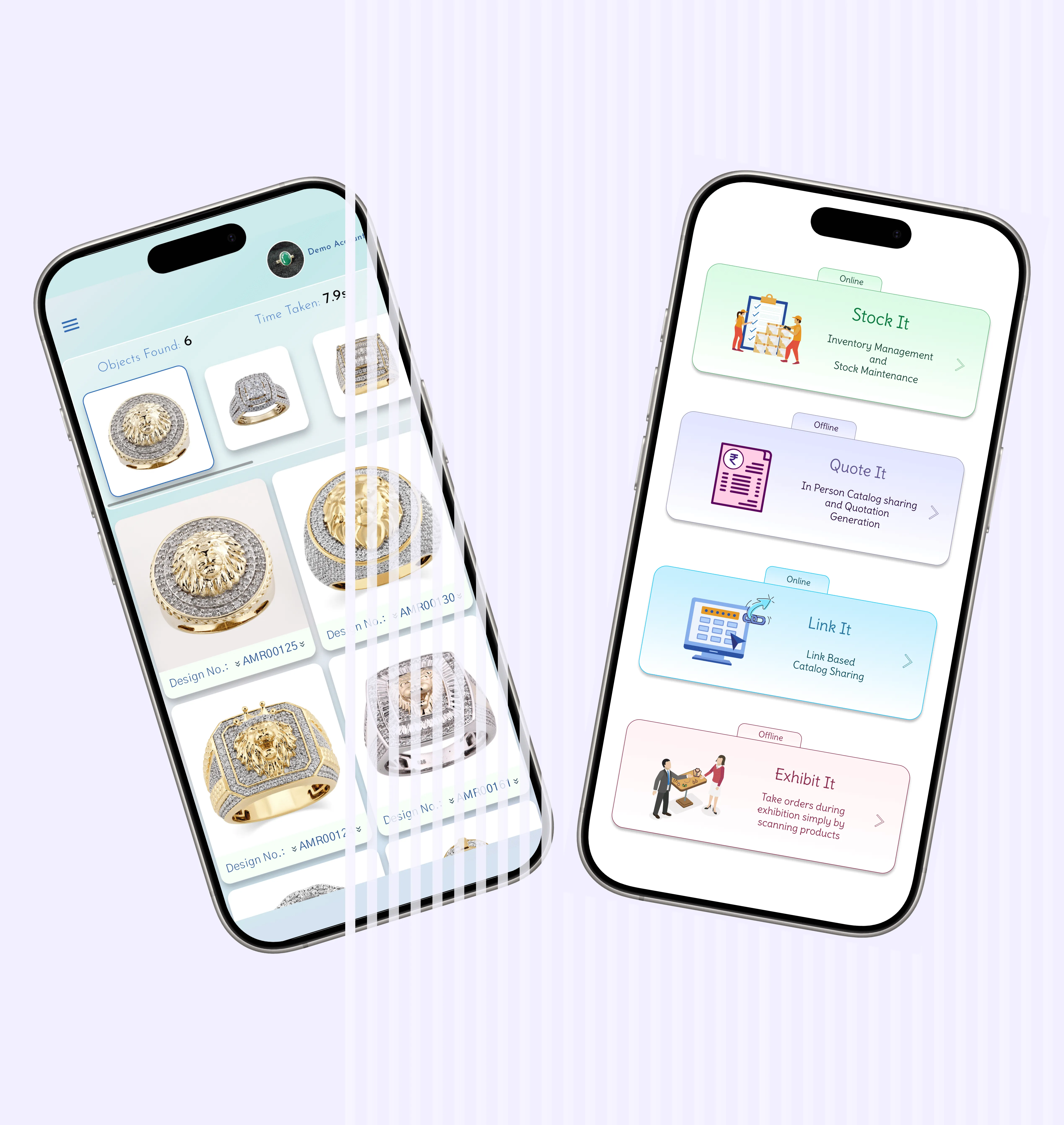 Two smartphones displaying an inventory app with jewelry designs on the left screen and four feature options on the right screen.