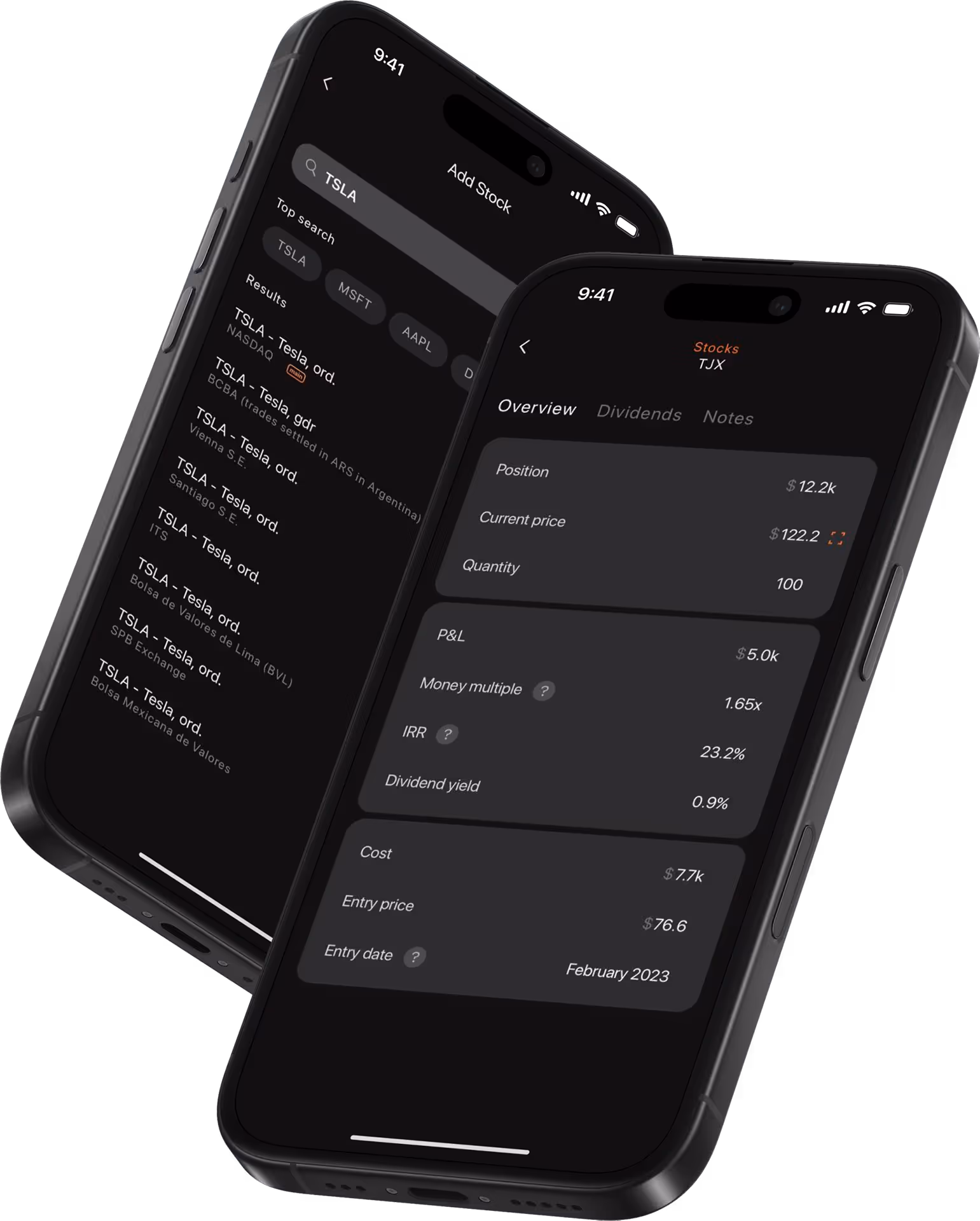 User interface of a stock tracking app on two smartphones. One screen shows the search for "TSLA," while the other displays detailed information for TJX stocks, including current price, dividend yield, and internal rate of return (IRR).