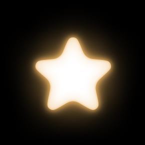 A blurry, five-pointed star with rounded edges, glowing with a soft white and golden-yellow light. The star is centered on a light gray background, with the glow fading into the background.