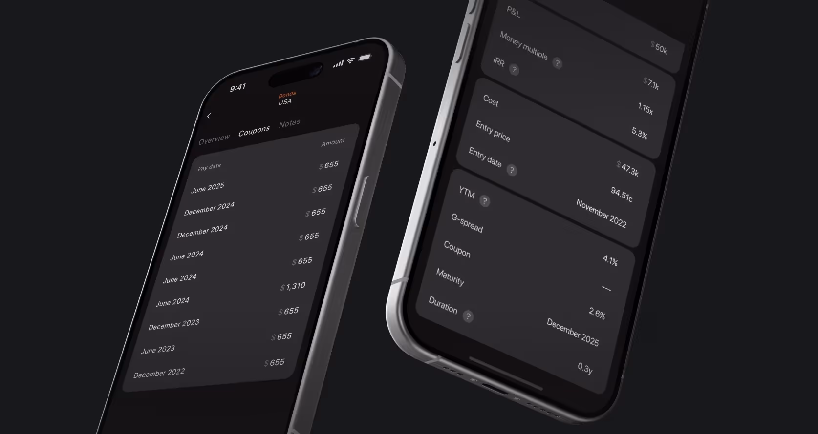 Two smartphones displaying a dark-themed financial app. The left phone shows a list of bond coupon payments by date, and the right phone displays detailed bond metrics like YTM, coupon rate, and maturity.
