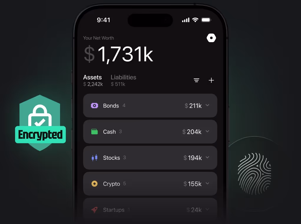 A smartphone screen displaying the dashboard of a financial app. The screen shows the user's total net worth of '$1,731k', broken down by assets like Bonds, Cash, Stocks, Crypto, and Startups. A floating icon to the left indicates 'Encrypted' and another to the right shows a fingerprint.