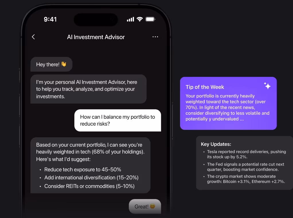 A smartphone screen showing a chat interface with an 'AI Investment Advisor'. The chat conversation suggests ways to balance a portfolio to reduce risk, including reducing tech exposure and adding international diversification. A purple box to the right offers a 'Tip of the Week' and a box below it lists 'Key Updates' about the market.