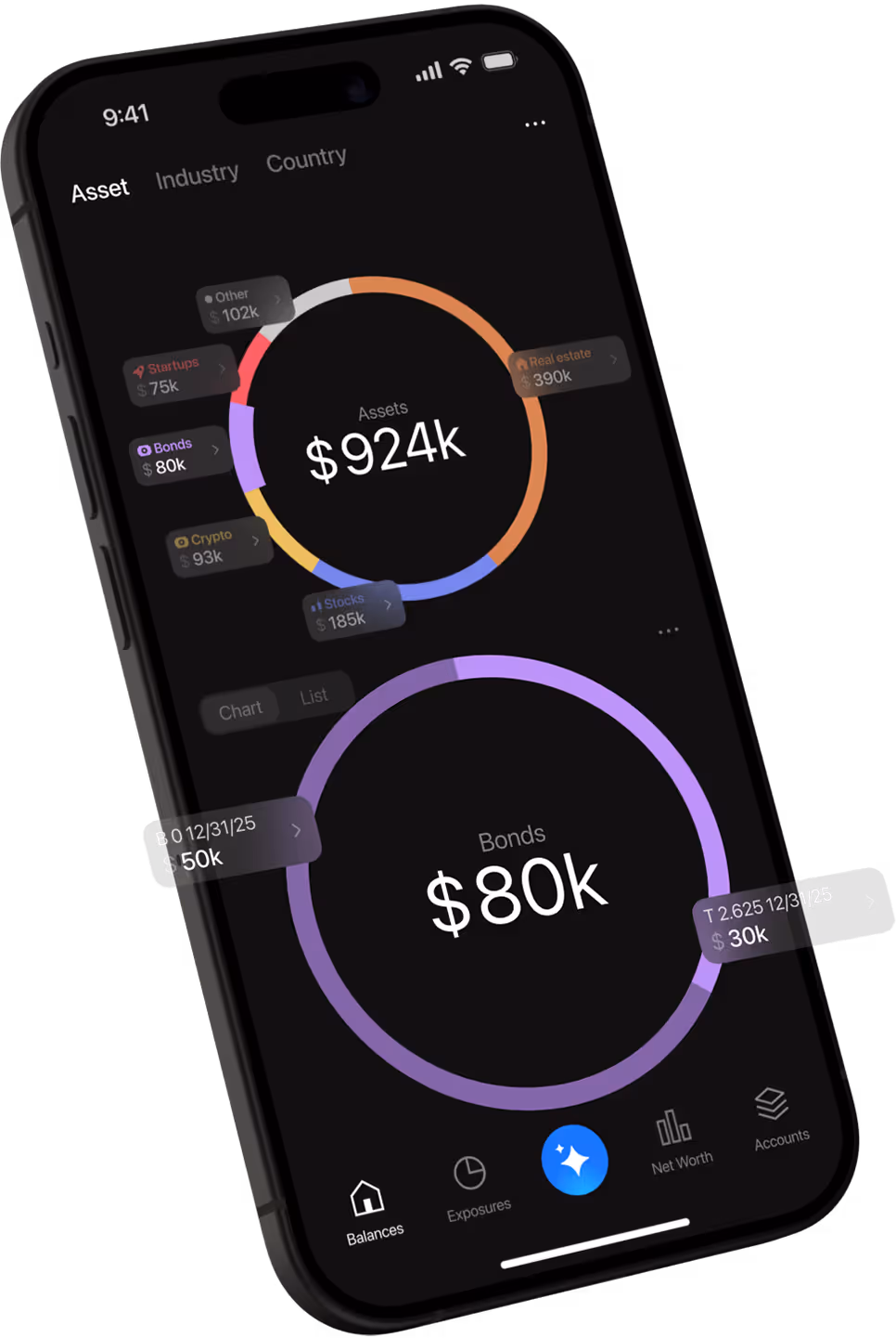 Mobile investment app showing portfolio allocation of $924k across real estate, stocks, bonds, crypto, startups, and other assets, with a detailed view of $80k in bonds.