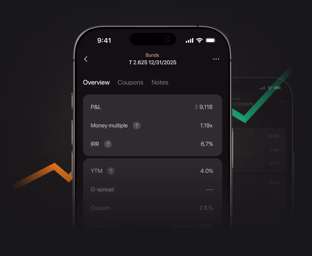 Bond investment performance metrics on a mobile app interface showing P&L, IRR, and Yield to Maturity.