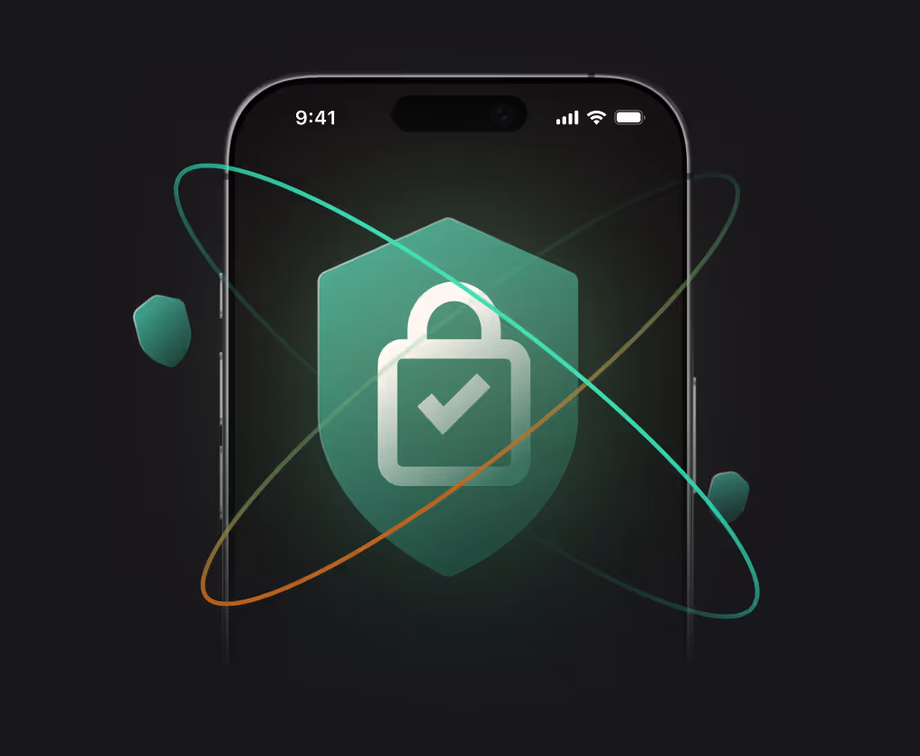 Secure mobile financial application with a shield and padlock symbol indicating high-level data protection.