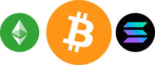 Icons of three cryptocurrencies: Ethereum symbol in green circle, Bitcoin symbol in orange circle, and Solana symbol with colorful gradient.