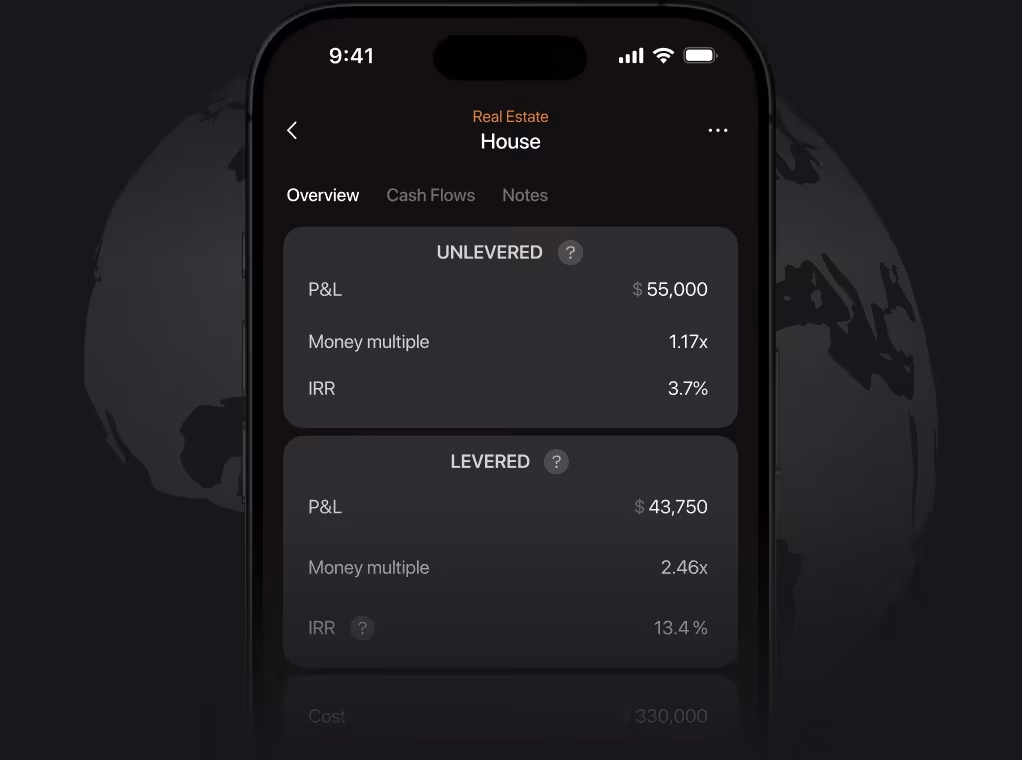 Investment Performance Metrics and ROI Analysis Mobile screen showing real estate investment summary for a house with unlevered and levered P&L, money multiple, and IRR values.
