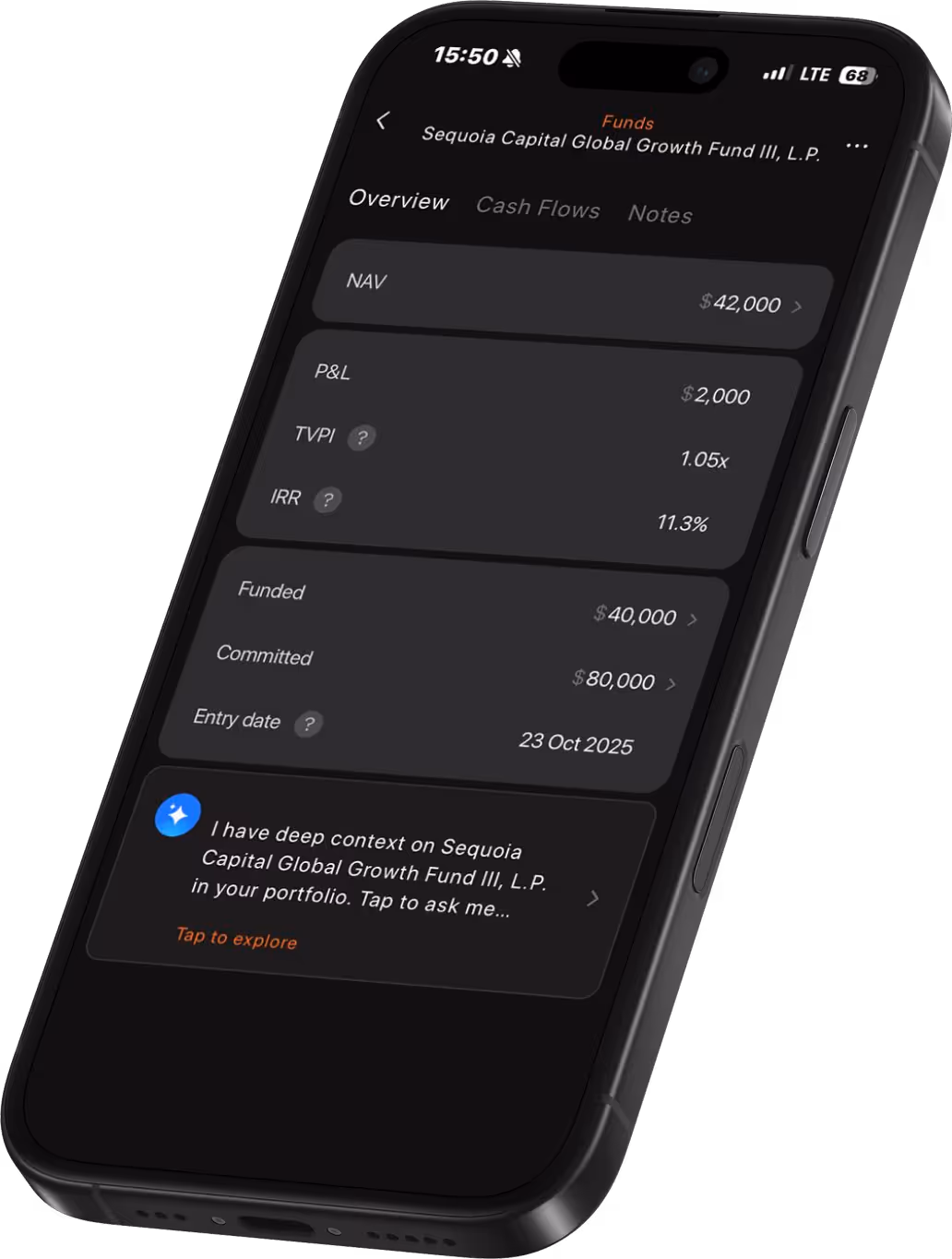 Venture Capital Fund Performance Dashboard and Investment Tracker Smartphone displaying financial overview of Sequoia Capital Global Growth Fund III, showing NAV $42,000, P&L $2,000, TVPI 1.05x, IRR 11.3%, Funded $40,000, Committed $80,000, and entry date 23 Oct 2025.