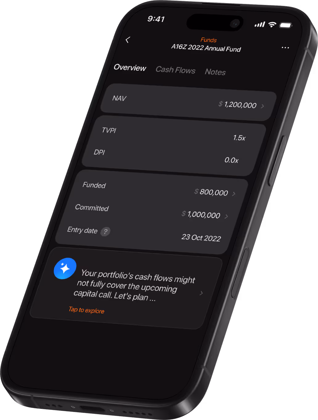 Venture Capital Fund Performance Dashboard and Investment Tracker Smartphone screen showing A16Z 2022 Annual Fund overview with NAV $1,200,000, TVPI 1.5x, DPI 0.0x, funded $800,000, committed $1,000,000, entry date 23 Oct 2022, and a note about portfolio cash flows.