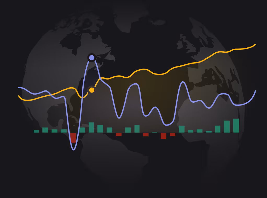 An abstract financial performance and net worth forecasting chart featuring overlapping trend lines and a bar graph overlaid on a dark, stylized globe background.