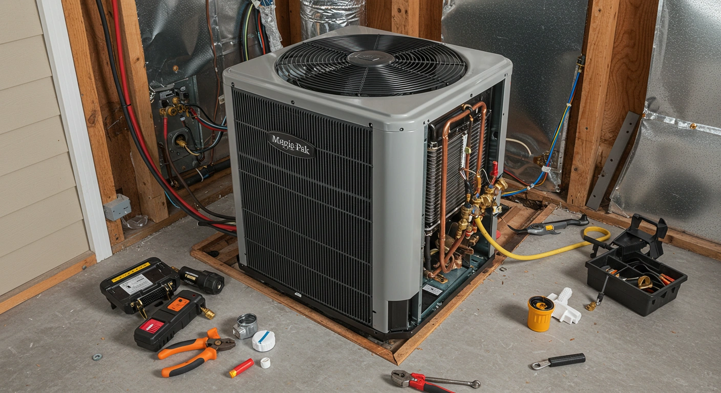 A furnace with tools displayed in a well-organized garage space.