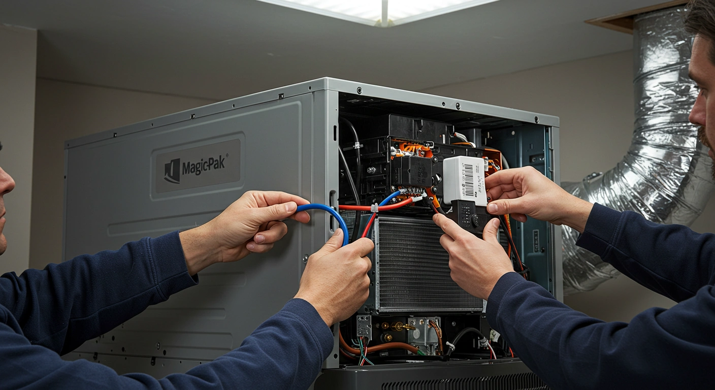 Two men adjusting a furnace in a workroom.