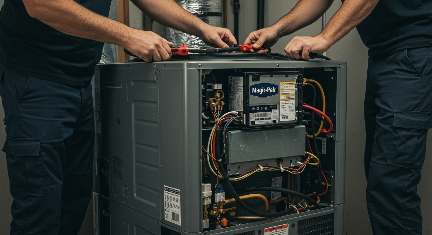 Two men working together on a furnace in a workshop setting.