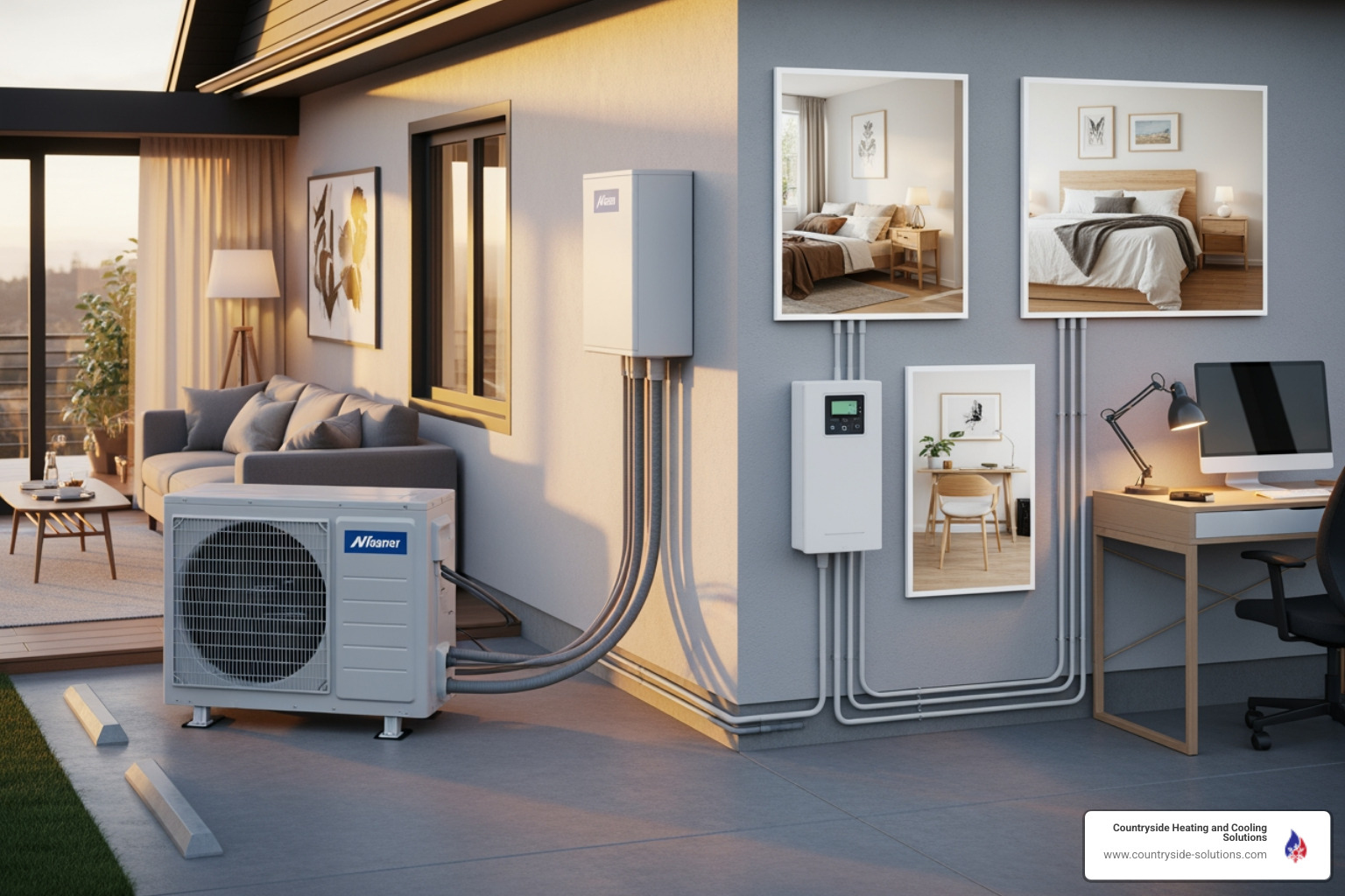 infographic showing outdoor ductless compressor connected to multiple indoor wall-mounted units with refrigerant lines, illustrating zoned heating for different rooms in a Wayzata home - ductless heater installation wayzata mn infographic showing outdoor ductless compressor connected to multiple indoor wall-mounted units with refrigerant lines, illustrating zoned heating for different rooms in a Wayzata home - ductless heater installation wayzata mn