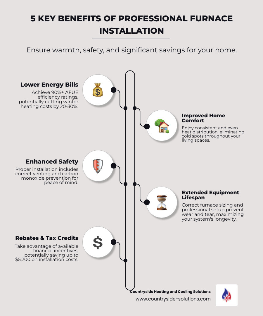 Infographic showing the 5 key benefits of professional furnace installation: 1) Lower energy bills with 90%+ efficiency ratings, 2) Improved home comfort with even heat distribution, 3) Enhanced safety through proper venting and carbon monoxide prevention, 4) Extended equipment lifespan through correct sizing, 5) Available rebates and tax credits up to $5,700 - furnace installation wayzata mn infographic infographic-line-5-steps-elegant_beige