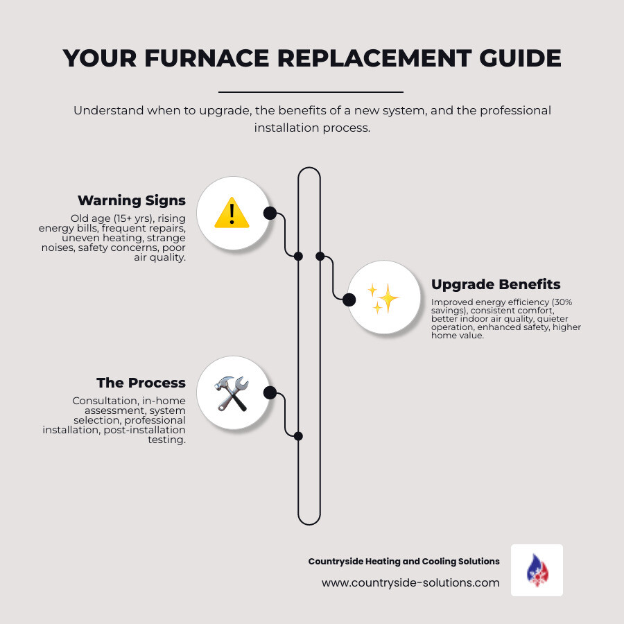 Infographic showing the furnace replacement decision process: warning signs on the left (age over 15 years, rising bills, frequent repairs, uneven heating, strange noises, safety issues, poor air quality), benefits in the center (30% energy savings, consistent comfort, improved air quality, quieter operation, increased safety, higher home value), and the replacement process on the right (consultation, assessment, selection, installation, testing) - furnace replacement wayzata mn infographic infographic-line-3-steps-elegant_beige Infographic showing the furnace replacement decision process: warning signs on the left (age over 15 years, rising bills, frequent repairs, uneven heating, strange noises, safety issues, poor air quality), benefits in the center (30% energy savings, consistent comfort, improved air quality, quieter operation, increased safety, higher home value), and the replacement process on the right (consultation, assessment, selection, installation, testing) - furnace replacement wayzata mn infographic infographic-line-3-steps-elegant_beige