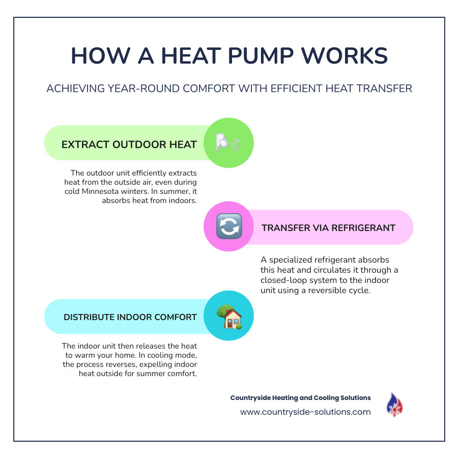 Infographic showing how heat pumps work: outdoor unit extracts heat from outside air even in winter, refrigerant carries heat indoors through a reversible cycle, indoor unit distributes warm air throughout home; in summer the process reverses to provide cooling; one system handles both heating and cooling seasons efficiently - heat pump installation wayzata mn infographic infographic-line-3-steps-colors Infographic showing how heat pumps work: outdoor unit extracts heat from outside air even in winter, refrigerant carries heat indoors through a reversible cycle, indoor unit distributes warm air throughout home; in summer the process reverses to provide cooling; one system handles both heating and cooling seasons efficiently - heat pump installation wayzata mn infographic infographic-line-3-steps-colors