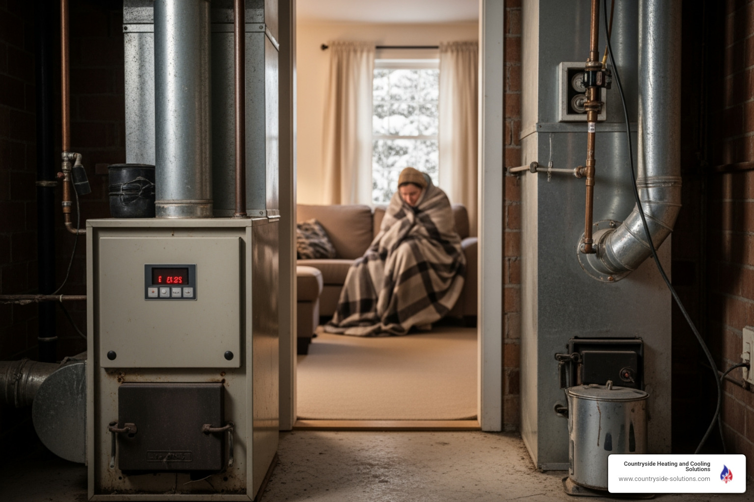 infographic showing signs you need heating replacement including system age over 15 years, rising energy bills chart, frequent repair costs comparison, uneven home temperature zones, strange noises icons, yellow pilot light warning, and carbon monoxide safety alert with Wayzata climate stats - heating replacement wayzata mn