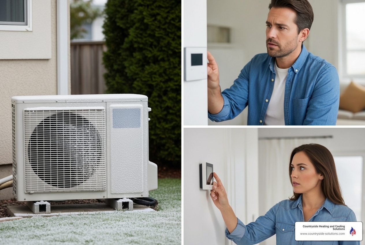 Infographic showing common heat pump warning signs including unusual noises, temperature inconsistencies, ice buildup on outdoor unit, increased energy bills, constant system cycling, and reduced airflow, with icons representing each symptom - heat pump repair wayzata mn