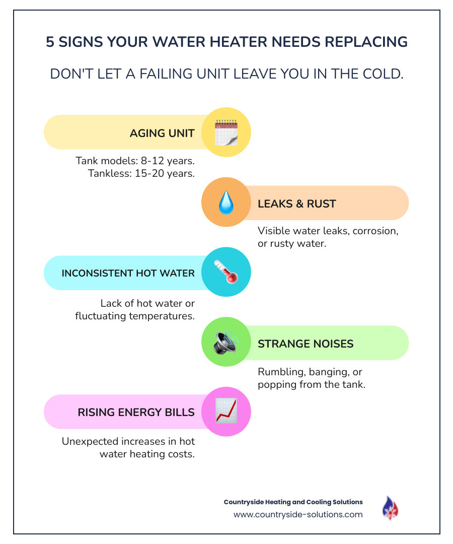 infographic showing five warning signs that indicate a water heater needs replacement: unit age over 8-12 years for tank or 15-20 years for tankless, visible rust or water leaks at the base, inconsistent water temperature or lack of hot water, unusual rumbling or banging noises from sediment buildup, and steadily increasing energy bills - water heater replacement wayzata mn infographic infographic-line-5-steps-colors infographic showing five warning signs that indicate a water heater needs replacement: unit age over 8-12 years for tank or 15-20 years for tankless, visible rust or water leaks at the base, inconsistent water temperature or lack of hot water, unusual rumbling or banging noises from sediment buildup, and steadily increasing energy bills - water heater replacement wayzata mn infographic infographic-line-5-steps-colors