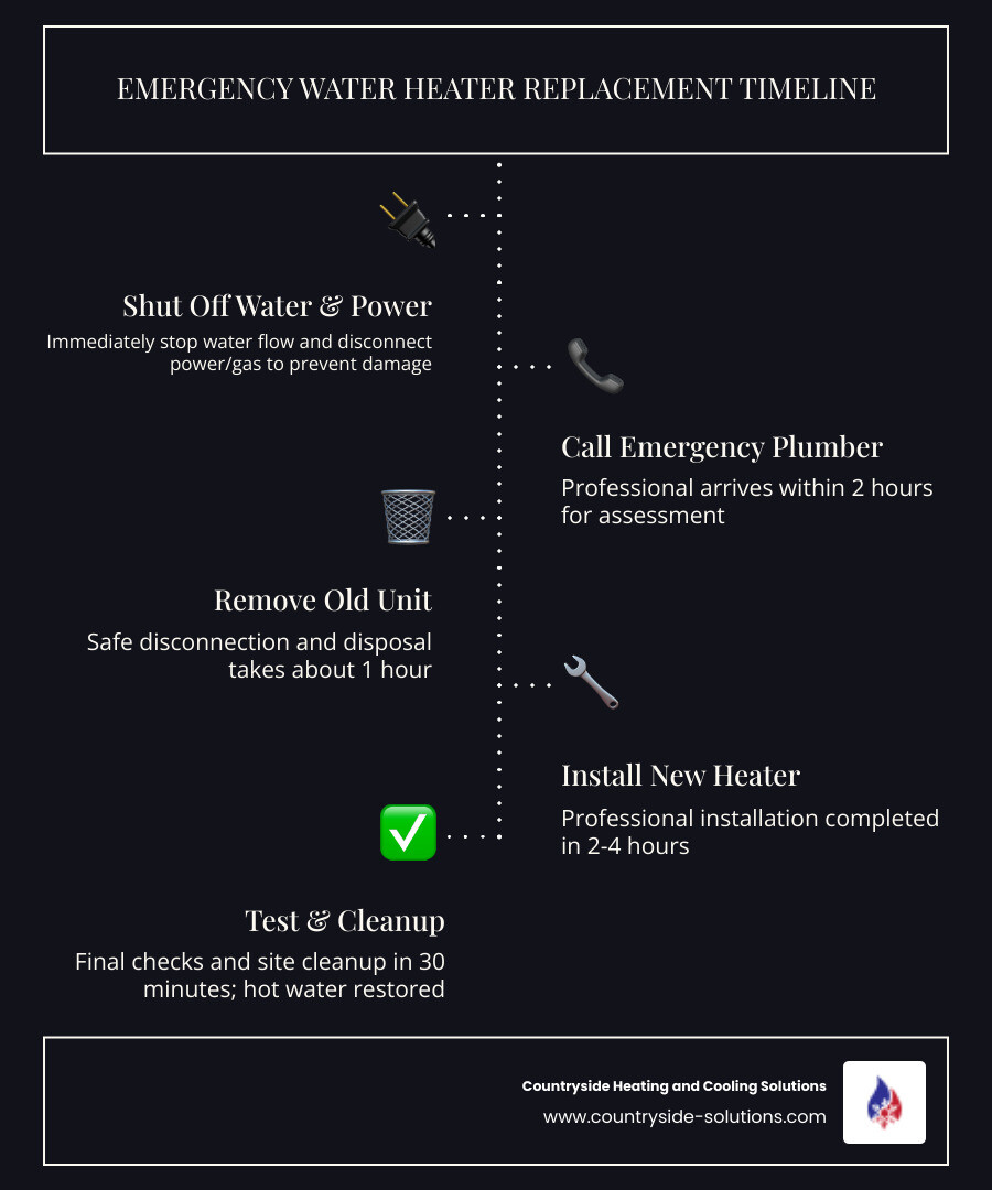 Infographic showing emergency water heater replacement timeline: Step 1 - Shut off water and power immediately; Step 2 - Call emergency plumber (2-hour response time); Step 3 - Assessment and old unit removal (1 hour); Step 4 - New water heater installation (2-4 hours); Step 5 - Testing and cleanup (30 minutes). Total time from failure to hot water: 5-8 hours for emergency service in Wayzata, MN - emergency water heater replacement in wayzata, mn infographic infographic-line-5-steps-dark