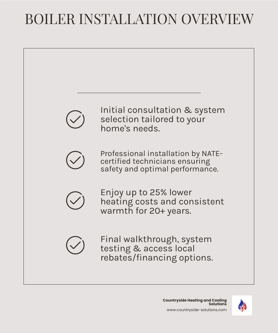 Infographic showing the complete boiler installation process in Maple Plain MN: from initial consultation and system selection, through old boiler removal and new unit placement, to pipe fitting, venting, system testing, and final homeowner walkthrough, with timeline indicators and key benefits like improved heating efficiency, 20+ year lifespan, and warranty protection - boiler installation maple plain mn infographic checklist-light-beige Infographic showing the complete boiler installation process in Maple Plain MN: from initial consultation and system selection, through old boiler removal and new unit placement, to pipe fitting, venting, system testing, and final homeowner walkthrough, with timeline indicators and key benefits like improved heating efficiency, 20+ year lifespan, and warranty protection - boiler installation maple plain mn infographic checklist-light-beige