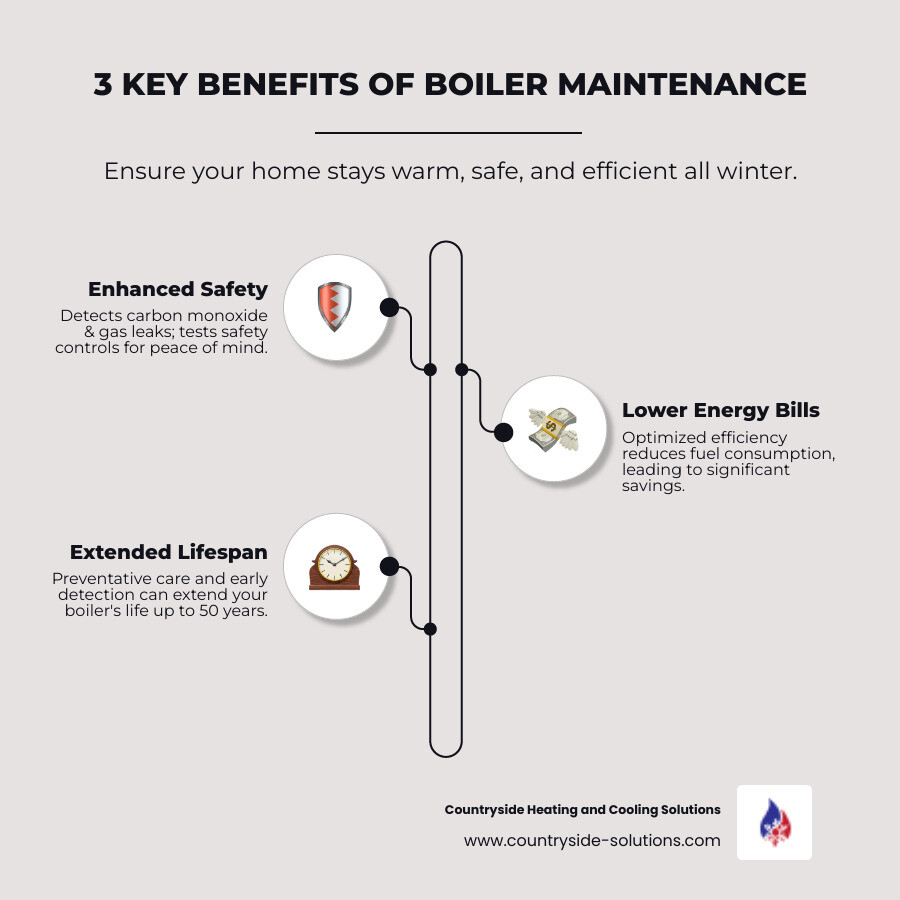 Infographic showing three key benefits of annual boiler maintenance: 1) Enhanced safety through carbon monoxide and gas leak detection with safety control testing, 2) Lower energy bills from optimized efficiency and reduced fuel consumption, 3) Extended system lifespan up to 50 years through preventative care and early issue detection - boiler maintenance maple plain mn infographic infographic-line-3-steps-elegant_beige