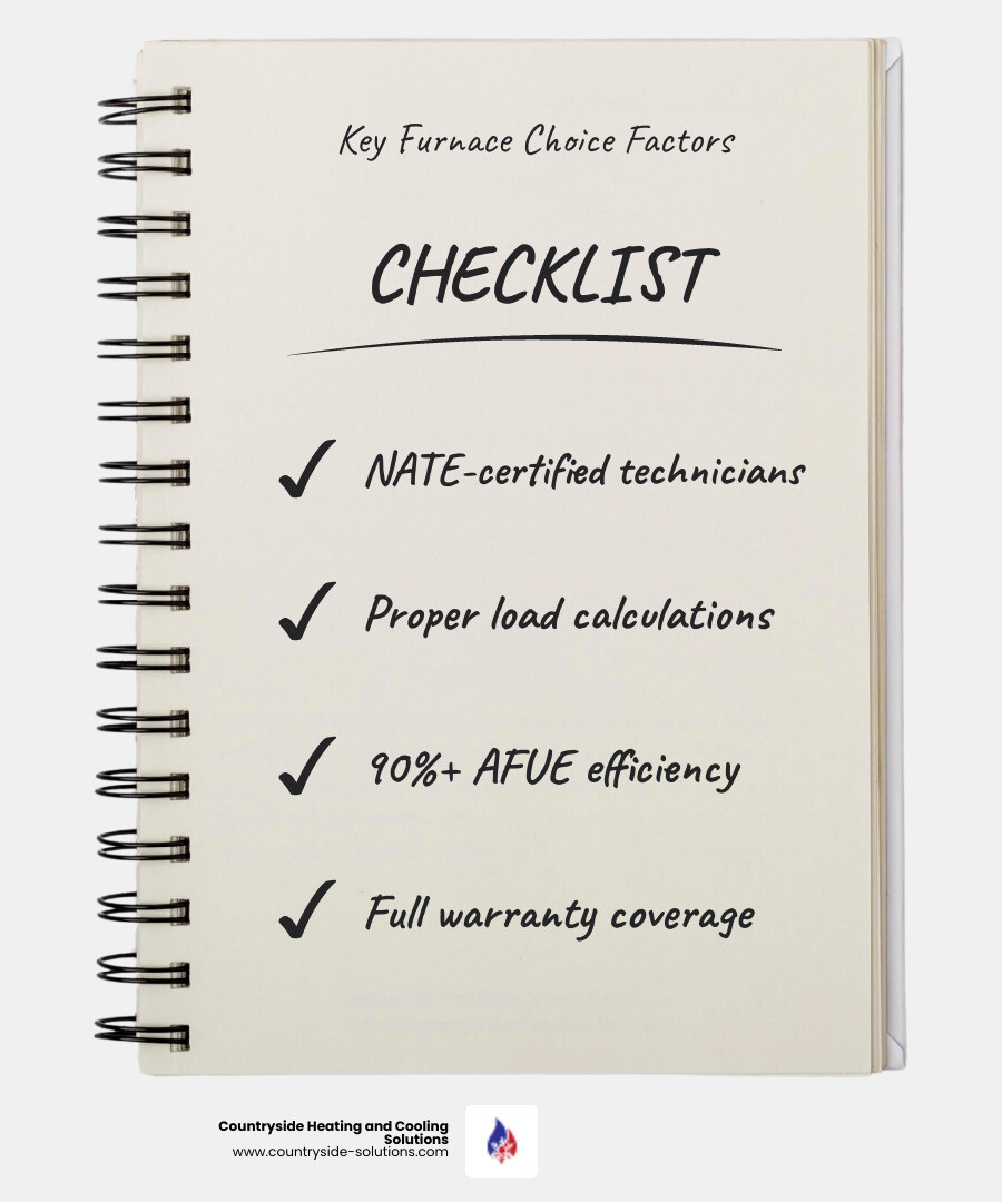 Infographic showing key factors in choosing oil furnace replacement: technician certifications, system efficiency ratings, proper sizing calculations, warranty coverage, and installation timeline expectations for Wayzata homes - best oil furnace replacement in wayzata, mn infographic checklist-notebook Infographic showing key factors in choosing oil furnace replacement: technician certifications, system efficiency ratings, proper sizing calculations, warranty coverage, and installation timeline expectations for Wayzata homes - best oil furnace replacement in wayzata, mn infographic checklist-notebook