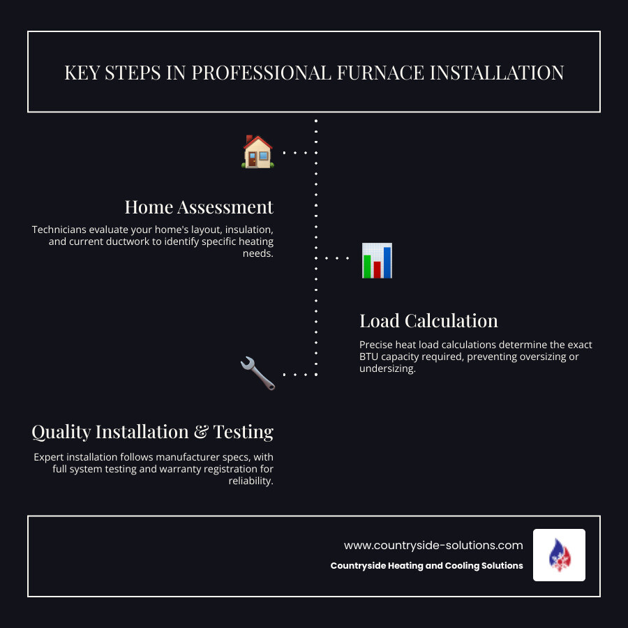 infographic showing key steps in professional furnace installation including home assessment, load calculation, proper sizing, quality installation, system testing, and warranty registration - furnace installation company in wayzata, mn infographic infographic-line-3-steps-dark