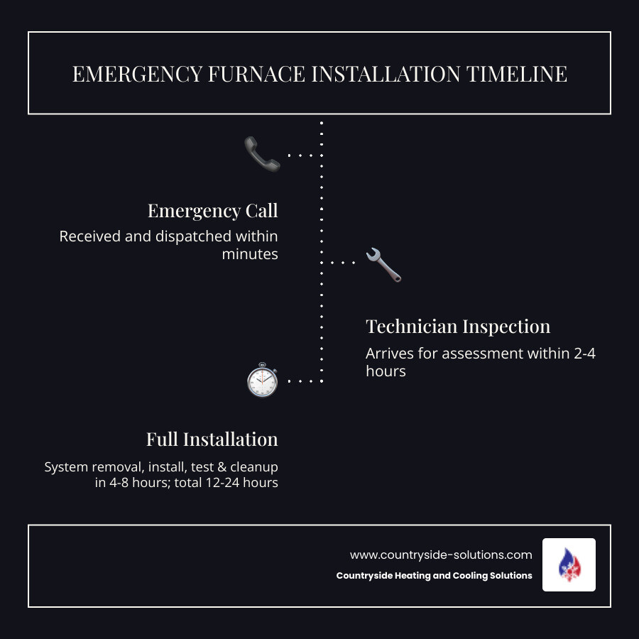 Infographic showing emergency furnace installation timeline: Step 1 - Emergency call received within minutes, Step 2 - Technician arrives for inspection within 2-4 hours, Step 3 - Load calculation and system recommendation within 1 hour, Step 4 - Old system removal and new furnace installation 4-8 hours, Step 5 - Testing and cleanup completed same day, Total time 12-24 hours from call to warm home - emergency furnace installation in wayzata, mn infographic infographic-line-3-steps-dark