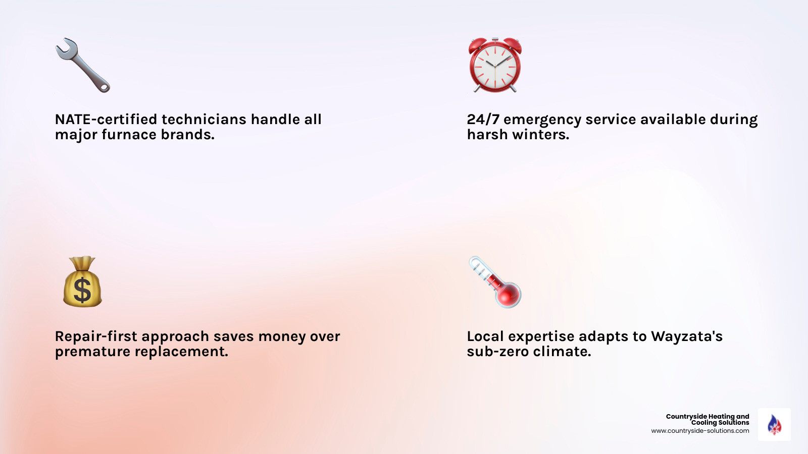 Infographic showing the key factors for choosing quality furnace repair in Wayzata MN including NATE certification, 24/7 emergency service availability, repair-first approach, local climate expertise, diagnostic equipment quality, and clear pricing transparency - best furnace repair in wayzata, mn infographic 4_facts_emoji_light-gradient Infographic showing the key factors for choosing quality furnace repair in Wayzata MN including NATE certification, 24/7 emergency service availability, repair-first approach, local climate expertise, diagnostic equipment quality, and clear pricing transparency - best furnace repair in wayzata, mn infographic 4_facts_emoji_light-gradient