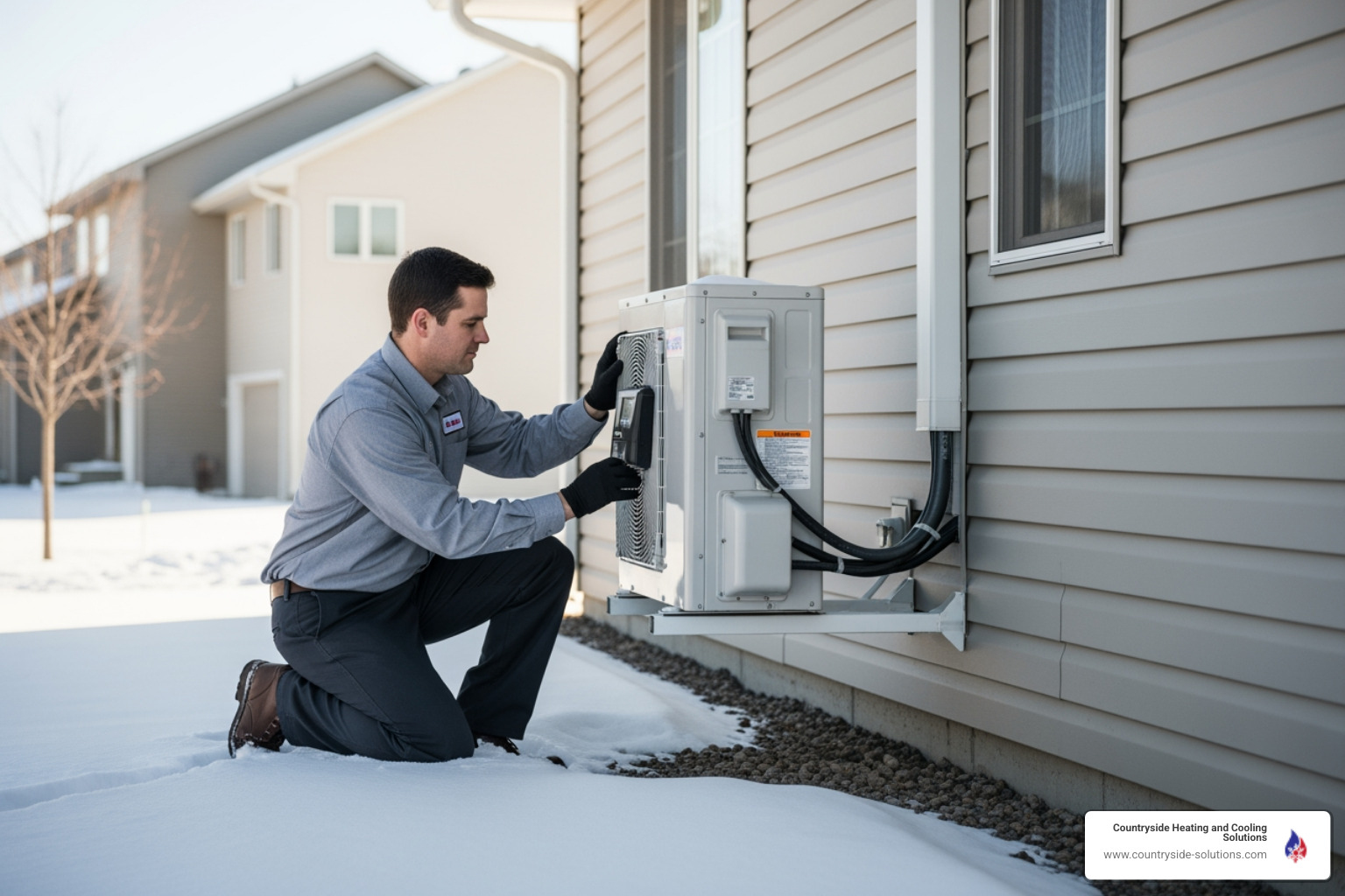 Professional HVAC technician in a clean uniform inspecting a ductless outdoor compressor - ductless heater installation in