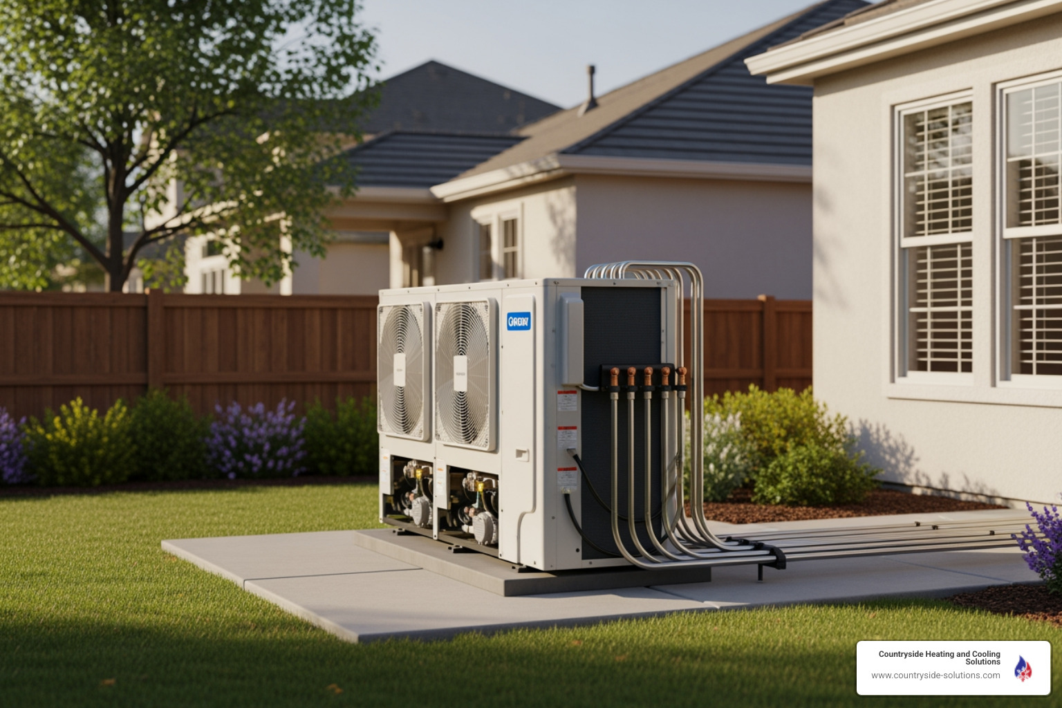 A multi-zone outdoor compressor unit sitting on a level pad outside a residential home - ductless heater installation in