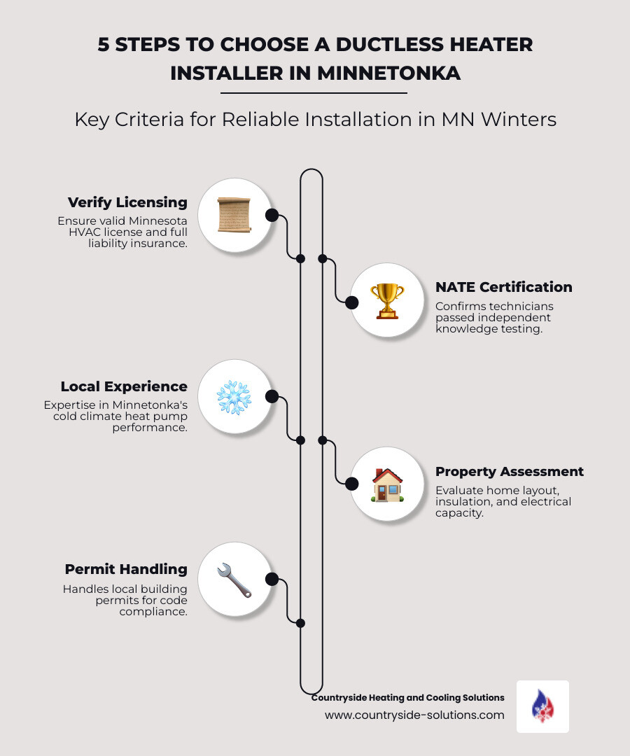 Infographic showing 6 steps to choosing a ductless heater installer in Minnetonka MN with key criteria - ductless heater