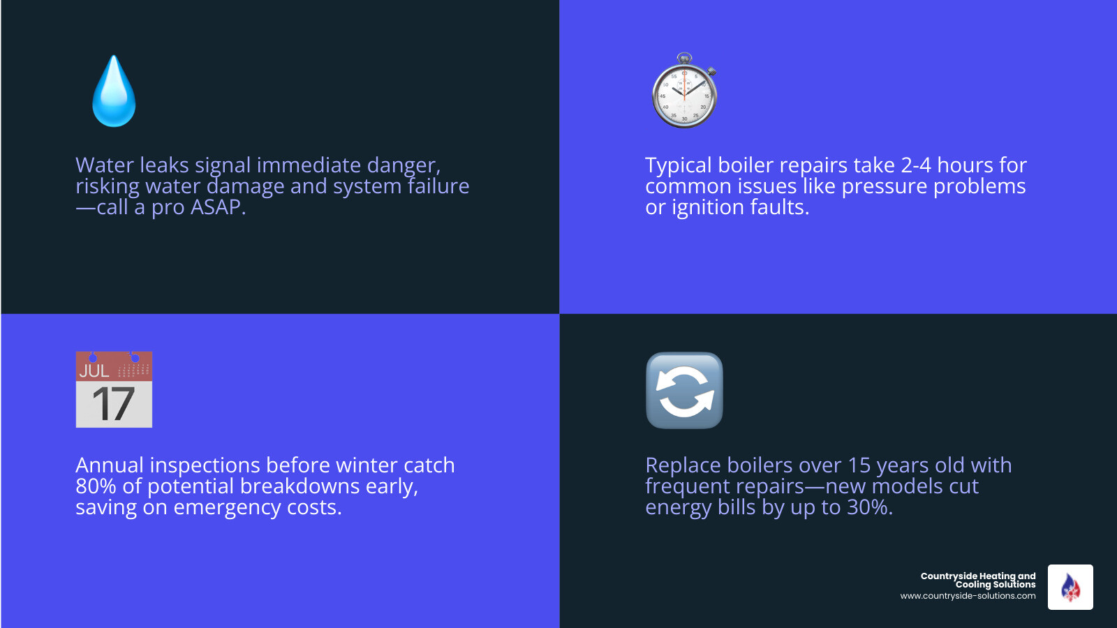 Infographic showing key boiler repair decision factors: warning signs requiring immediate attention including water leaks and no heat, typical repair timeframes of 2-4 hours for common issues, maintenance schedule of annual inspections before winter, and repair versus replacement decision criteria for boilers over 15 years old with frequent breakdowns - affordable boiler repair in wayzata, mn infographic 4_facts_emoji_blue