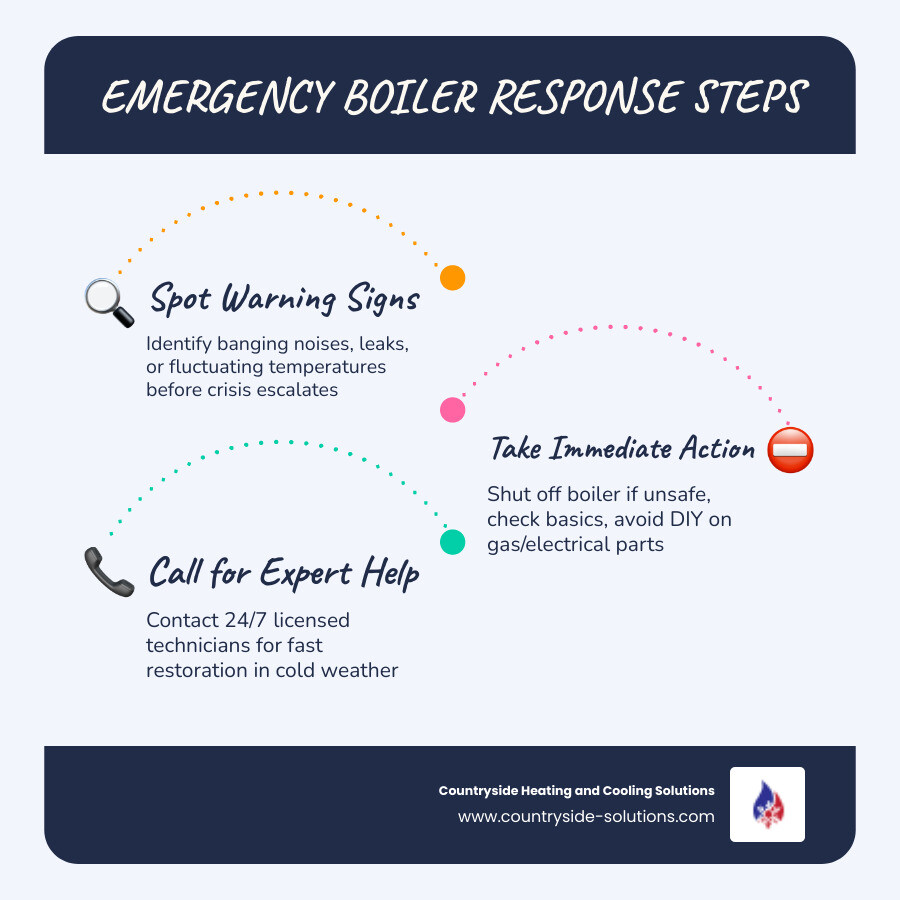 Step-by-step emergency boiler repair process showing warning signs like strange noises and leaks, immediate actions to take including shutting off the system, contacting 24/7 emergency services, typical repair timeline of 1-3 hours for common issues, and preventive maintenance recommendations - emergency boiler repair in wayzata, mn infographic infographic-line-3-steps-blues-accent_colors Step-by-step emergency boiler repair process showing warning signs like strange noises and leaks, immediate actions to take including shutting off the system, contacting 24/7 emergency services, typical repair timeline of 1-3 hours for common issues, and preventive maintenance recommendations - emergency boiler repair in wayzata, mn infographic infographic-line-3-steps-blues-accent_colors