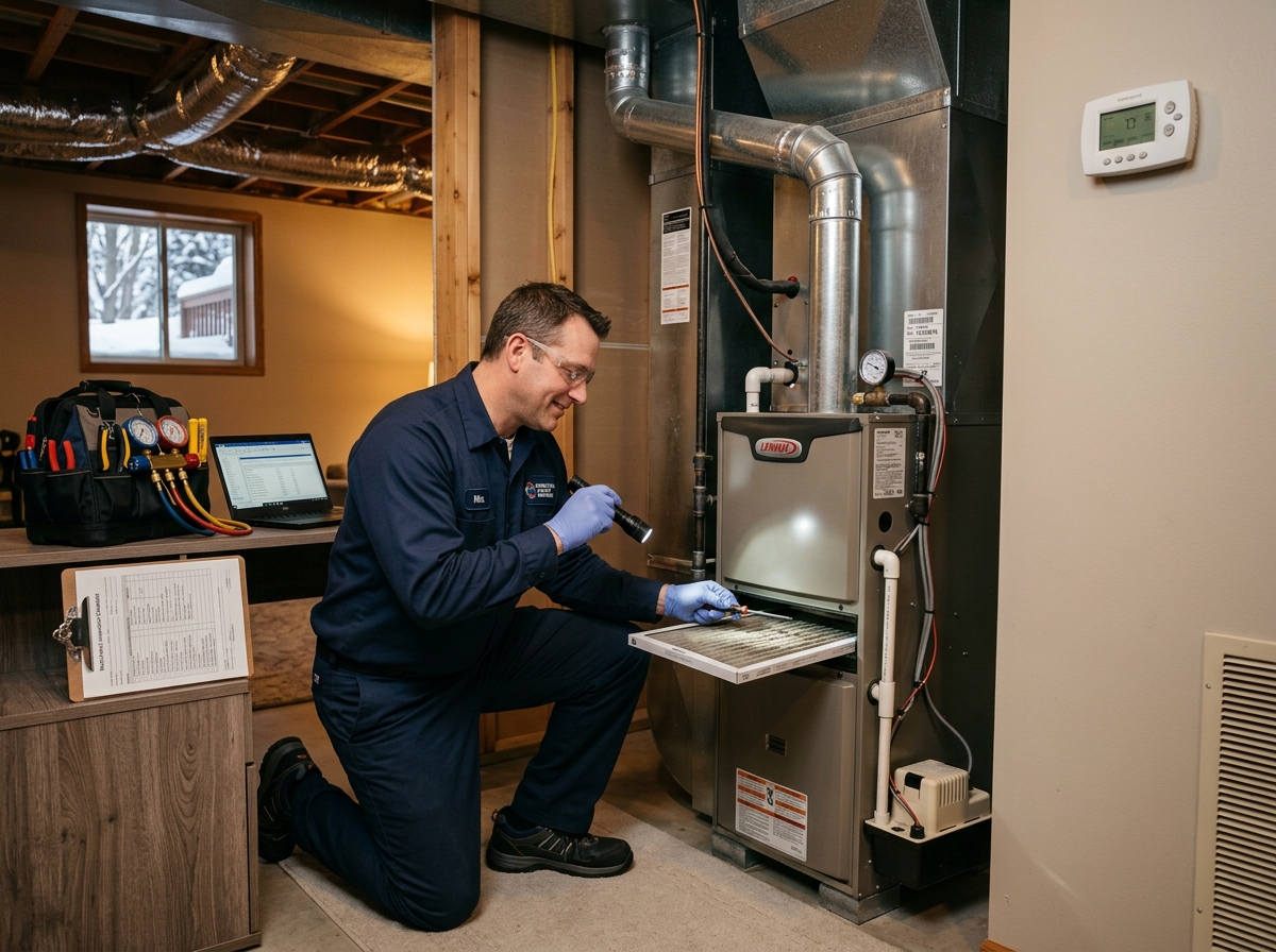 HVAC inspection technician performing multi-point inspection in a Minnesota home - hvac inspection near me in Maple Grove, MN HVAC inspection technician performing multi-point inspection in a Minnesota home - hvac inspection near me in Maple Grove, MN