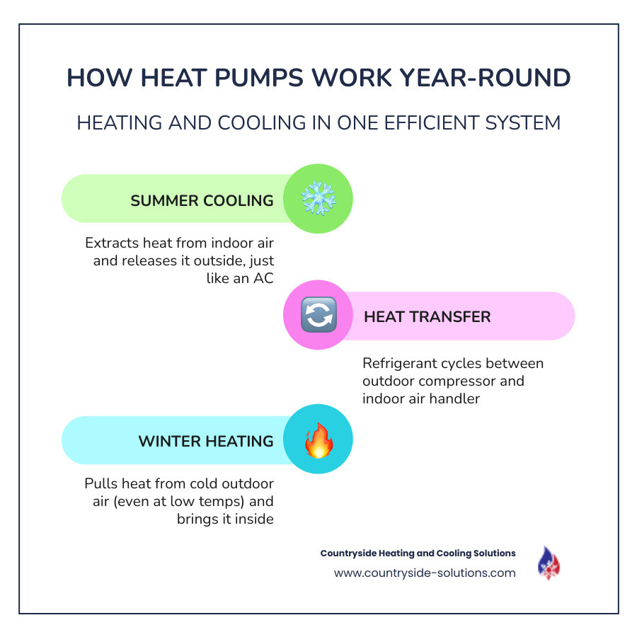 Infographic showing how heat pumps provide both heating and cooling in a Minnetonka home - heat pump installation in