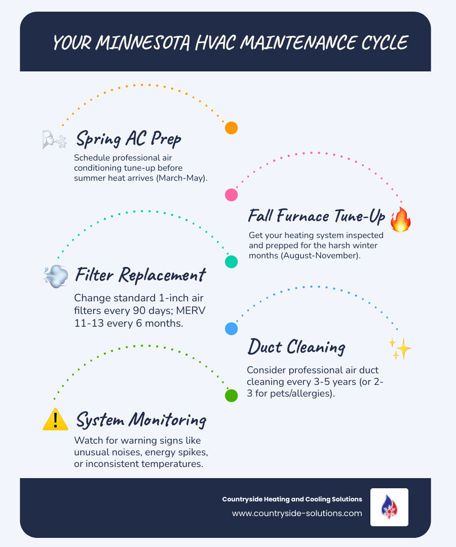 Seasonal HVAC maintenance cycle infographic for Minnesota homes showing spring AC prep, fall furnace tune-up, filter