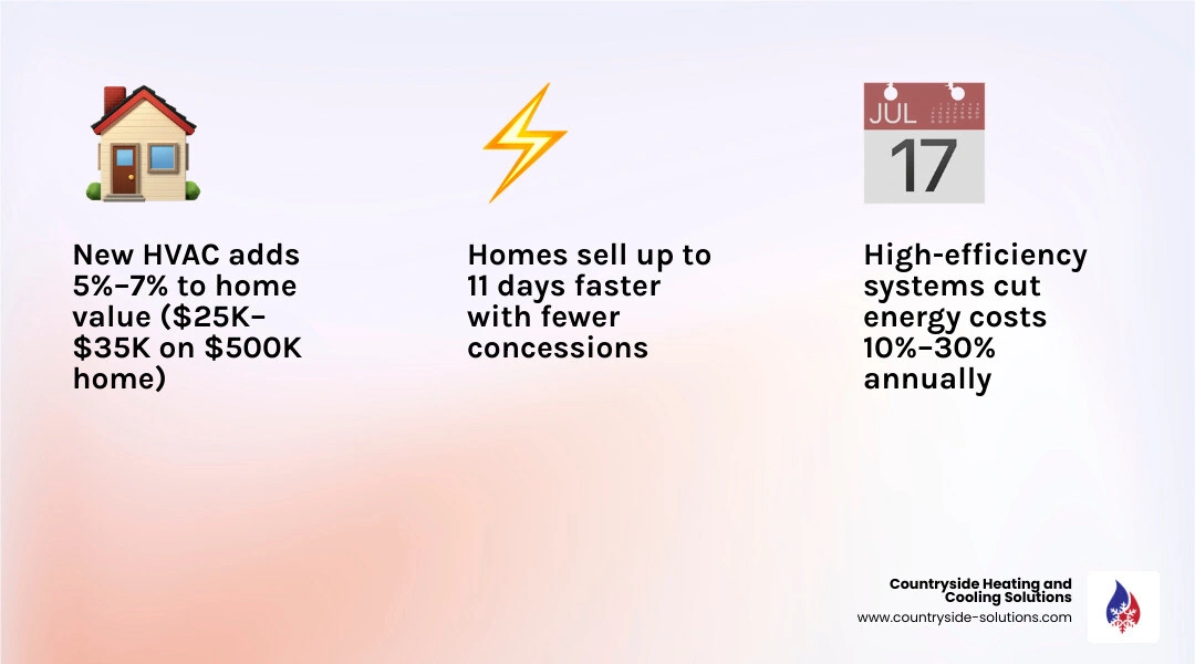 Infographic showing HVAC upgrade ROI: 5-7% home value increase, 11 days faster sale, 71% cost recovery at resale - how a new Infographic showing HVAC upgrade ROI: 5-7% home value increase, 11 days faster sale, 71% cost recovery at resale - how a new