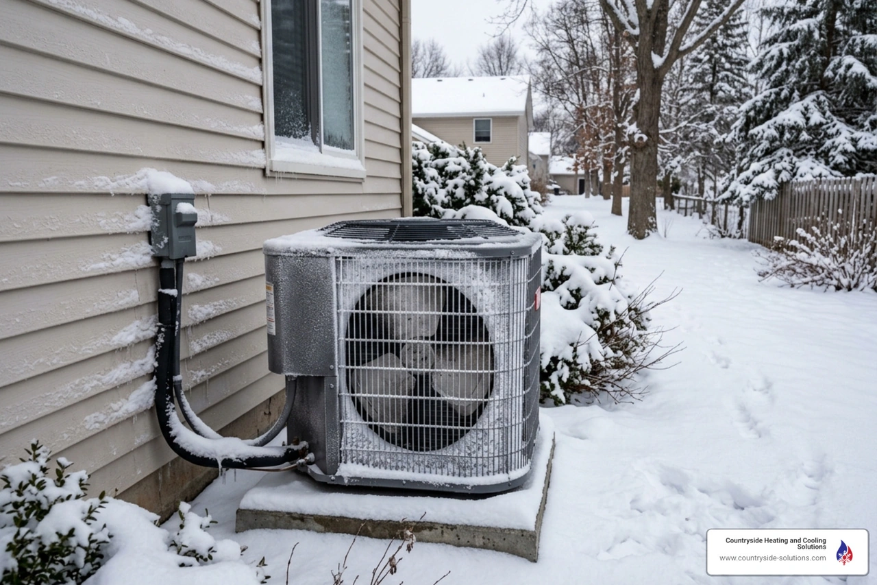 a frosted outdoor condenser unit during a Minnesota winter - how minnesota climate affects your hvac system a frosted outdoor condenser unit during a Minnesota winter - how minnesota climate affects your hvac system