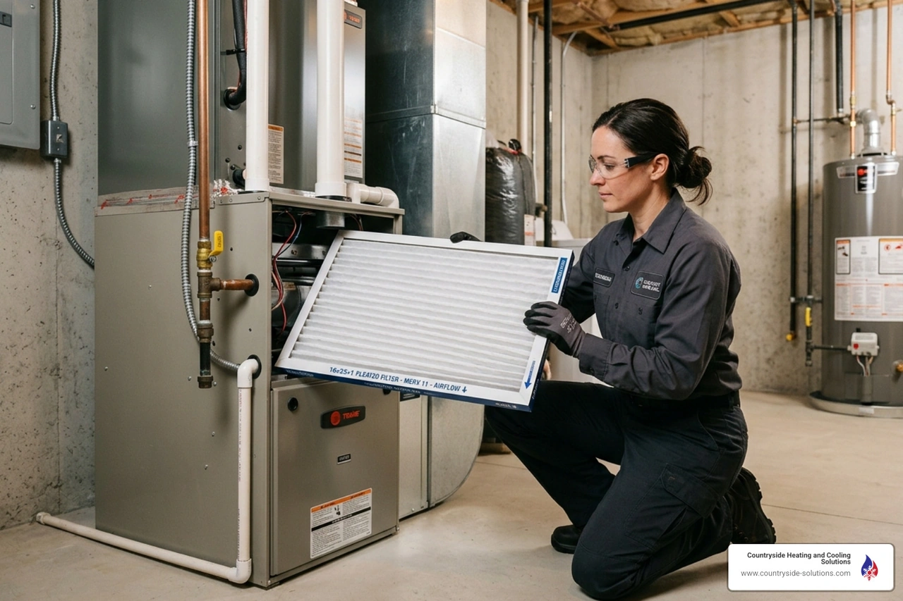 Technician installing a high-efficiency pleated furnace filter into a modern HVAC system - best air filter for homes in cold Technician installing a high-efficiency pleated furnace filter into a modern HVAC system - best air filter for homes in cold