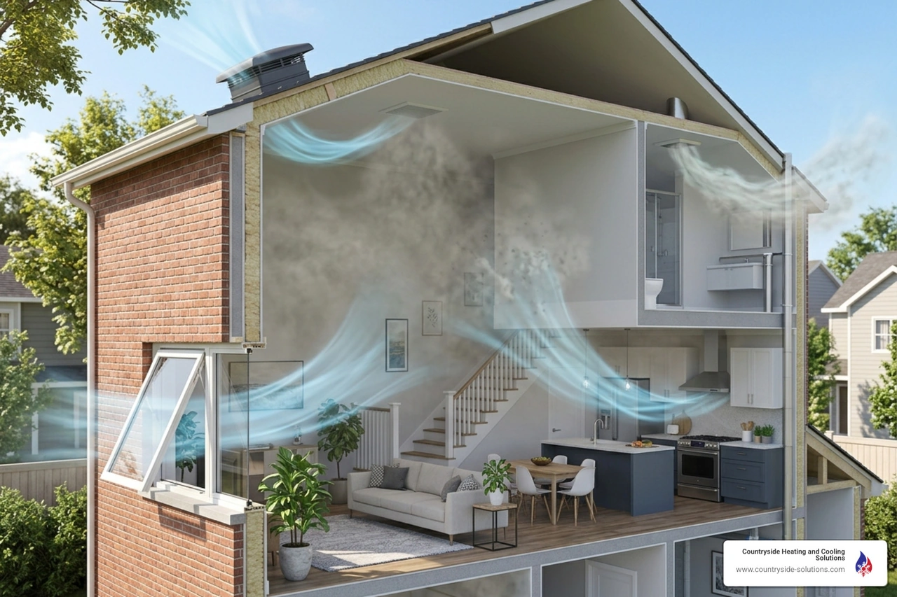 Diagram illustrating the dilution of indoor pollutants through fresh air exchange - how fresh air exchange improves indoor Diagram illustrating the dilution of indoor pollutants through fresh air exchange - how fresh air exchange improves indoor
